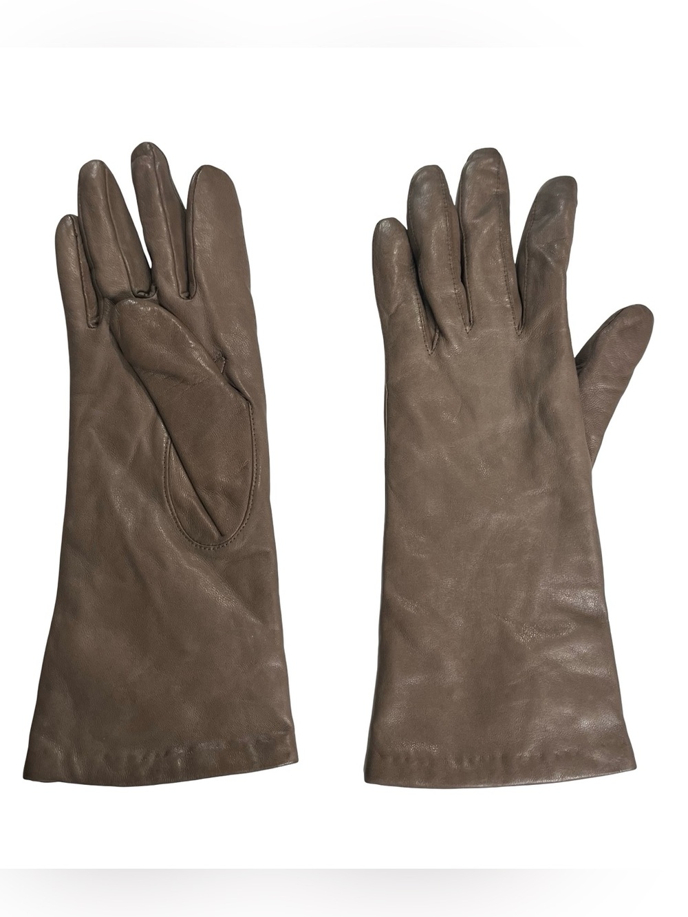 Vtg Aris Women Leather Gloves Taupe Brown 100% Cashmere Lined Long Gauntlet Sz 7